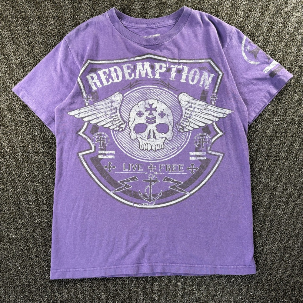 Vintage Y2K Raw State Premium Affliction Shirt Mens Small Purple Skull Wings